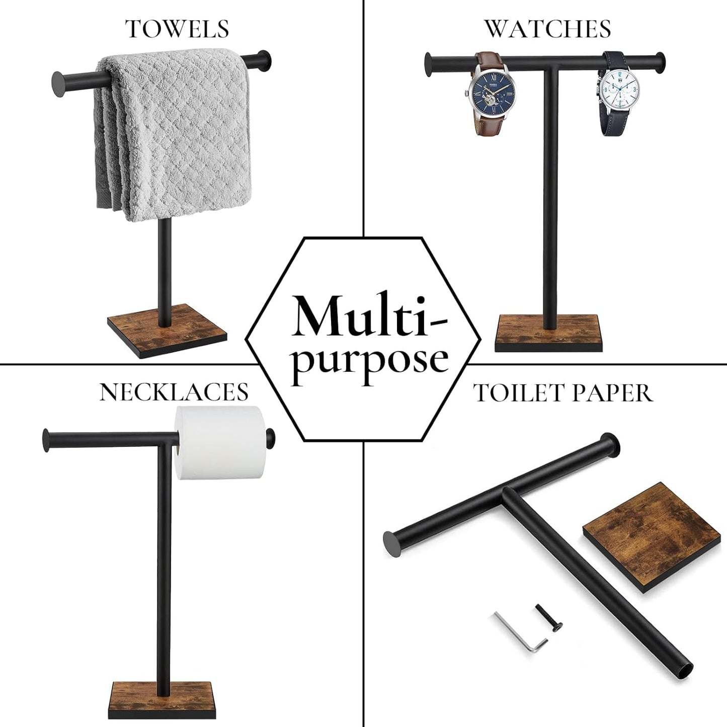 Hand Towel Holder Stand, Bathroom Hand Towel Rack with Weighted Base, T-Shape Standing Towel Racks, Farmhouse Countertop Towel Stand for Kitchen Counter, Rustic Black Brown