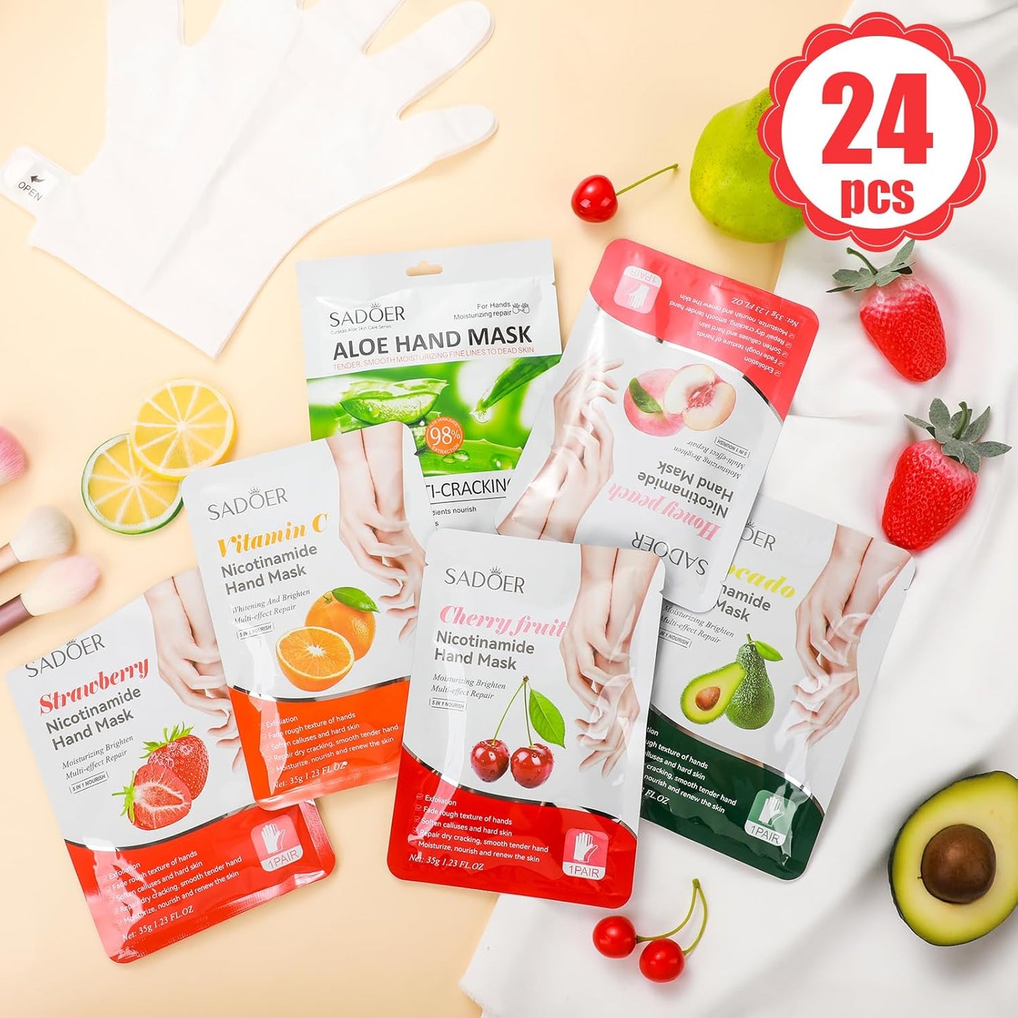 24 Pcs Fruits Beauty Hand Mask Bulk Hydrating Hand Moisturizing Gloves Treatment Mask for Spa Kit Sleeping Skincare Gift Beauty Kits for Women
