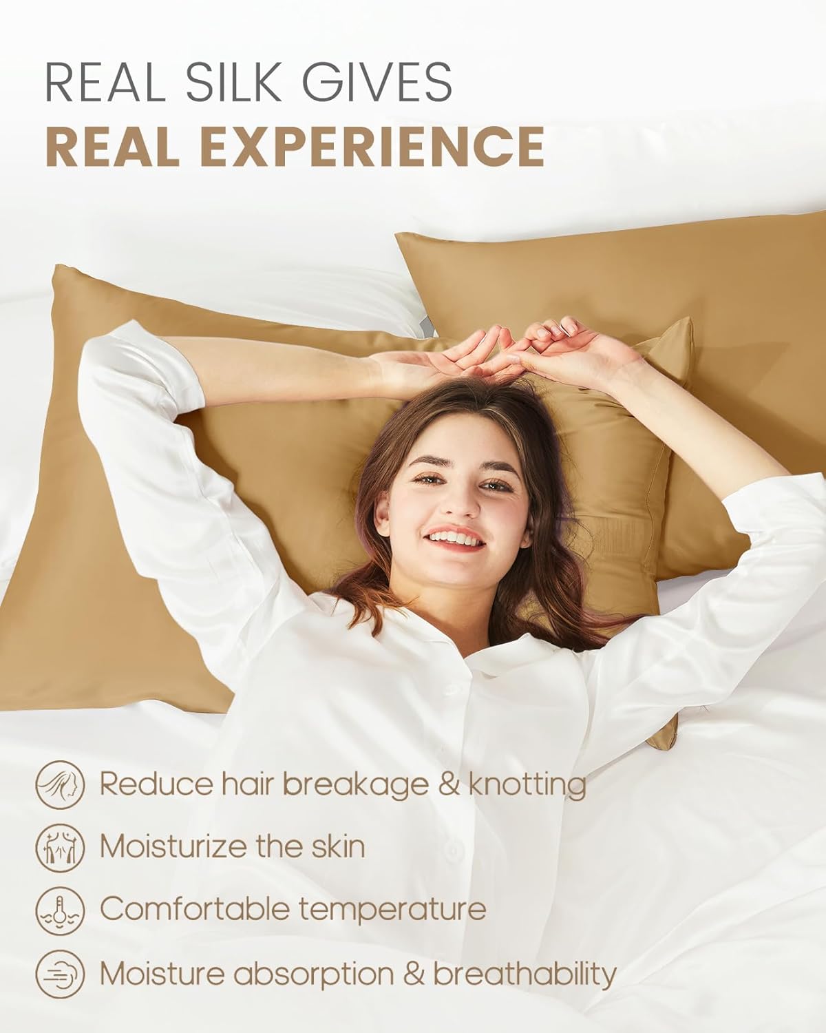 THXSILK Set of 2 Mulberry Silk Pillowcase for Hair and Skin, 100% Mulberry Silk Bed Pillowcase with Zipper, Soft Breathable Silk Pillow Case, King Size 20"x36" (Metallic Gold)