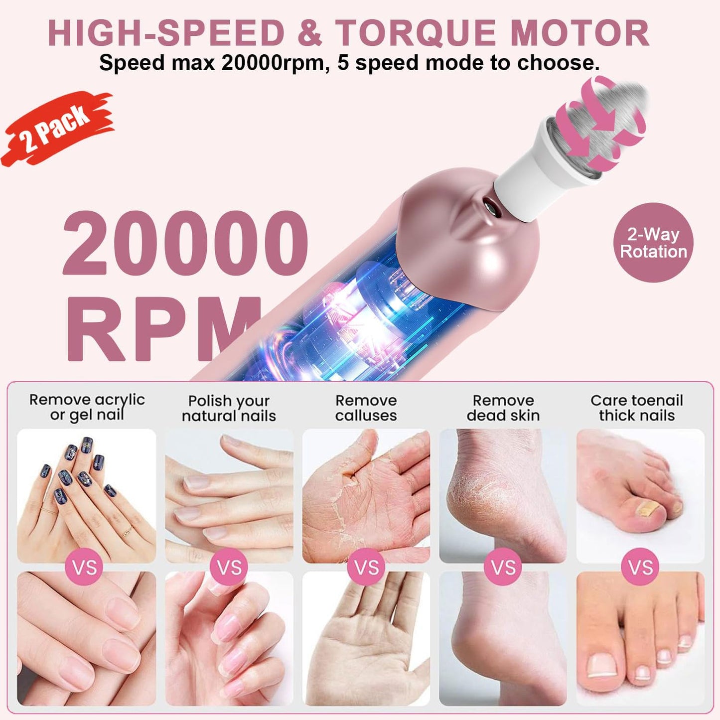 2 Pack 9-in-1 Cordless Nail Drill Nail Care with 100 Bits, 5 Speeds, Home & Salon Ready,Pink