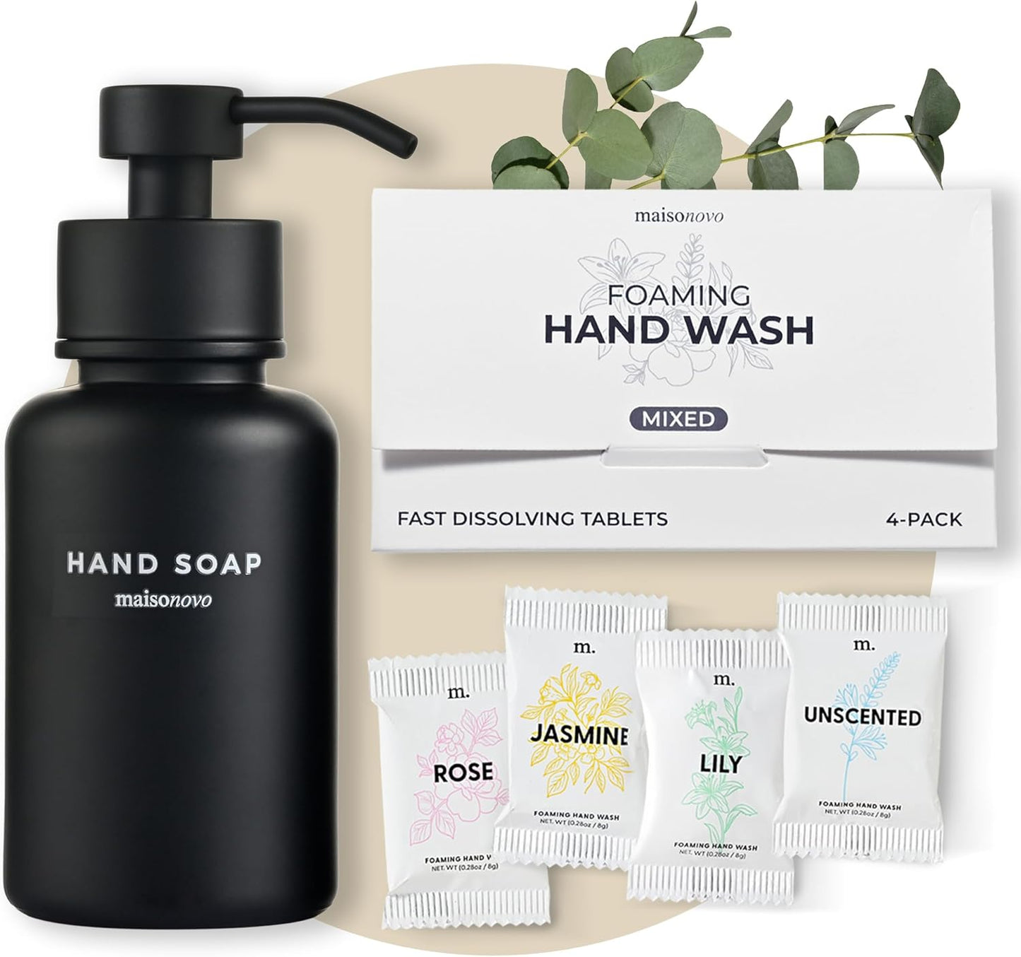 MaisoNovo 14 oz Black Glass Foaming Soap Dispenser with Black Pump - Mixed 4 Pack Foaming Hand Soap Refill Tablets