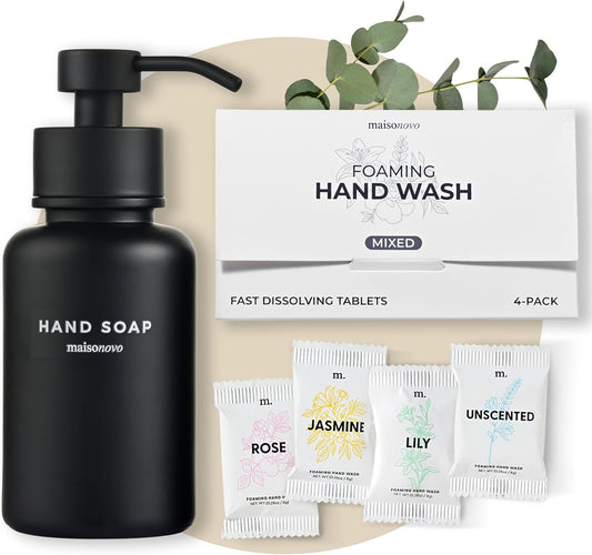 MaisoNovo 14 oz Black Glass Foaming Soap Dispenser with Black Pump - Mixed 4 Pack Foaming Hand Soap Refill Tablets