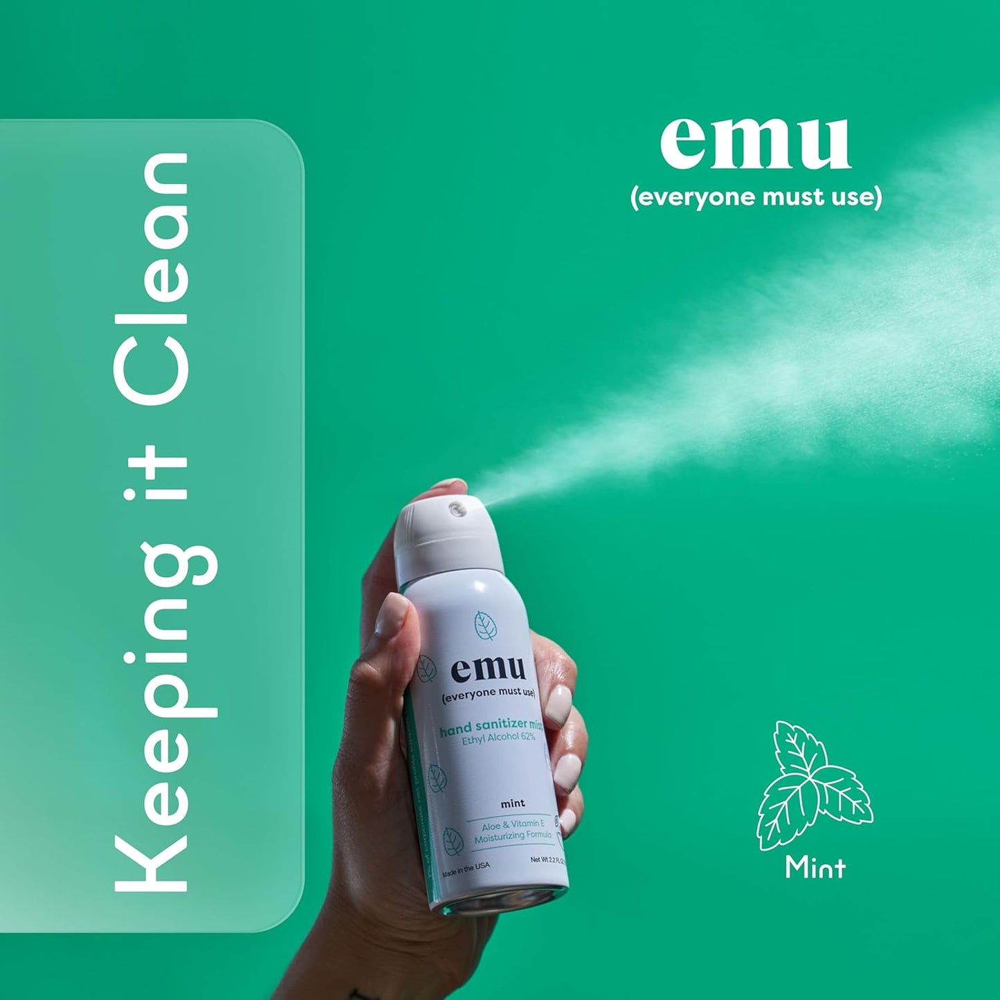 EMU (EVERYONE MUST USE) Hand Sanitizer pocket spray, Travel size 2.2oz. Cleanses Your Hands, Hydrating. Hand soap bulk. 24-hour disinfectant sanitizing. Made in USA (Pack3_Mint)