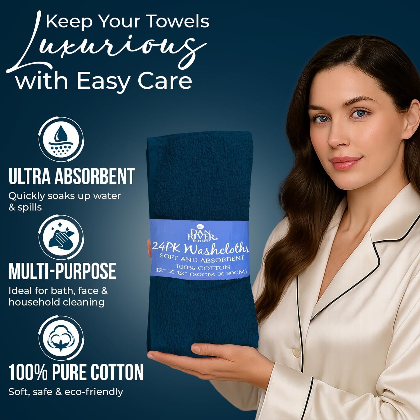 DAN RIVER 100% Cotton Wash Cloths 24 Pack [12x12] Soft & Absorbent Rags for Body, Gym, Hotels & Spa Perfect for Everyday Use Fingertip Towels, Opal Blue