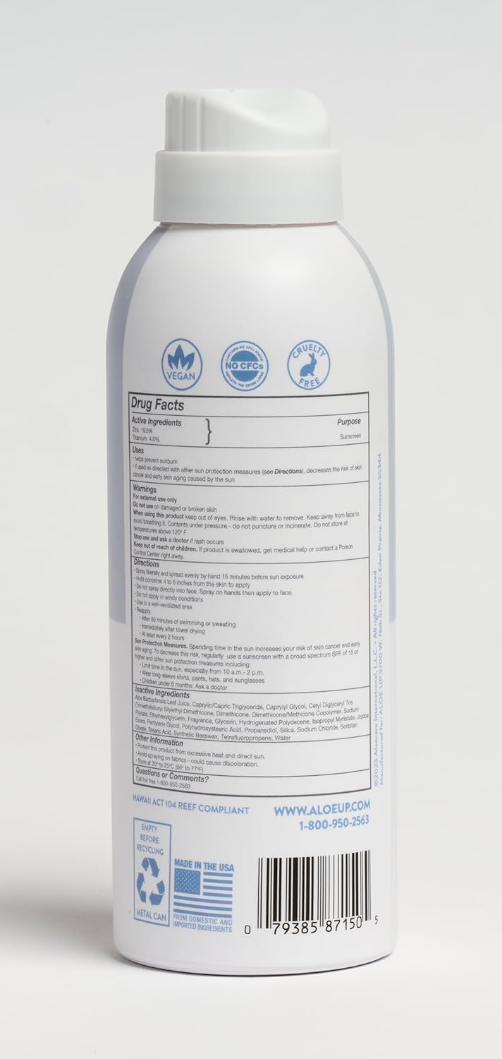 Aloe Up Continuous Mineral Sunscreen Spray SPF 50- Alcohol-Free Broad Spectrum UVA/UVB Sunscreen Protector for Face and Body - With Gen2 Zinc Oxide and Aloe Vera - Dries Clear - Reef Safe - 4.5 Oz