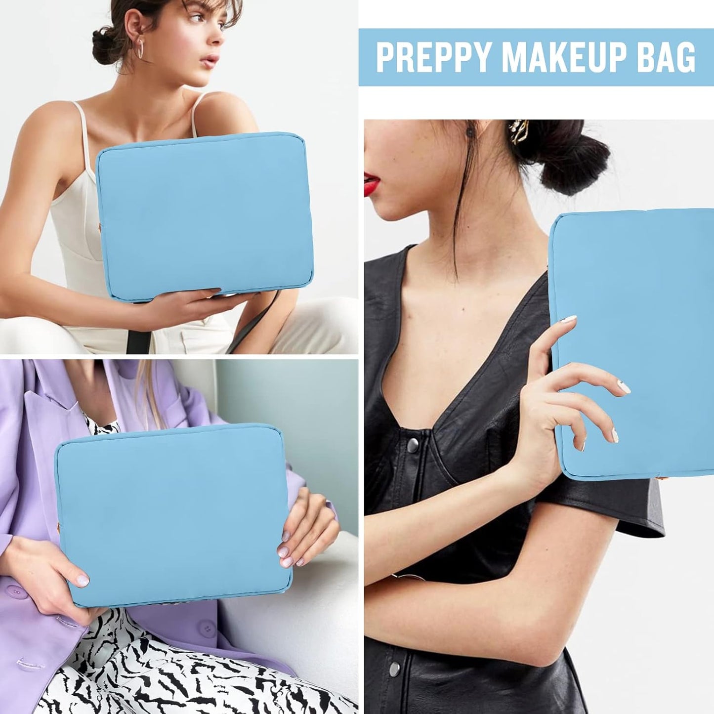 Nylon Large Makeup Bag Travel Cosmetic Bag Pouch, Preppy Big Makeup Bag Cute Cosmetic Zipper Pouch Purse, Waterproof Toiletry Bag Clutch Make Up Organizer Travel Essentials for Women Men Girls(Blue)