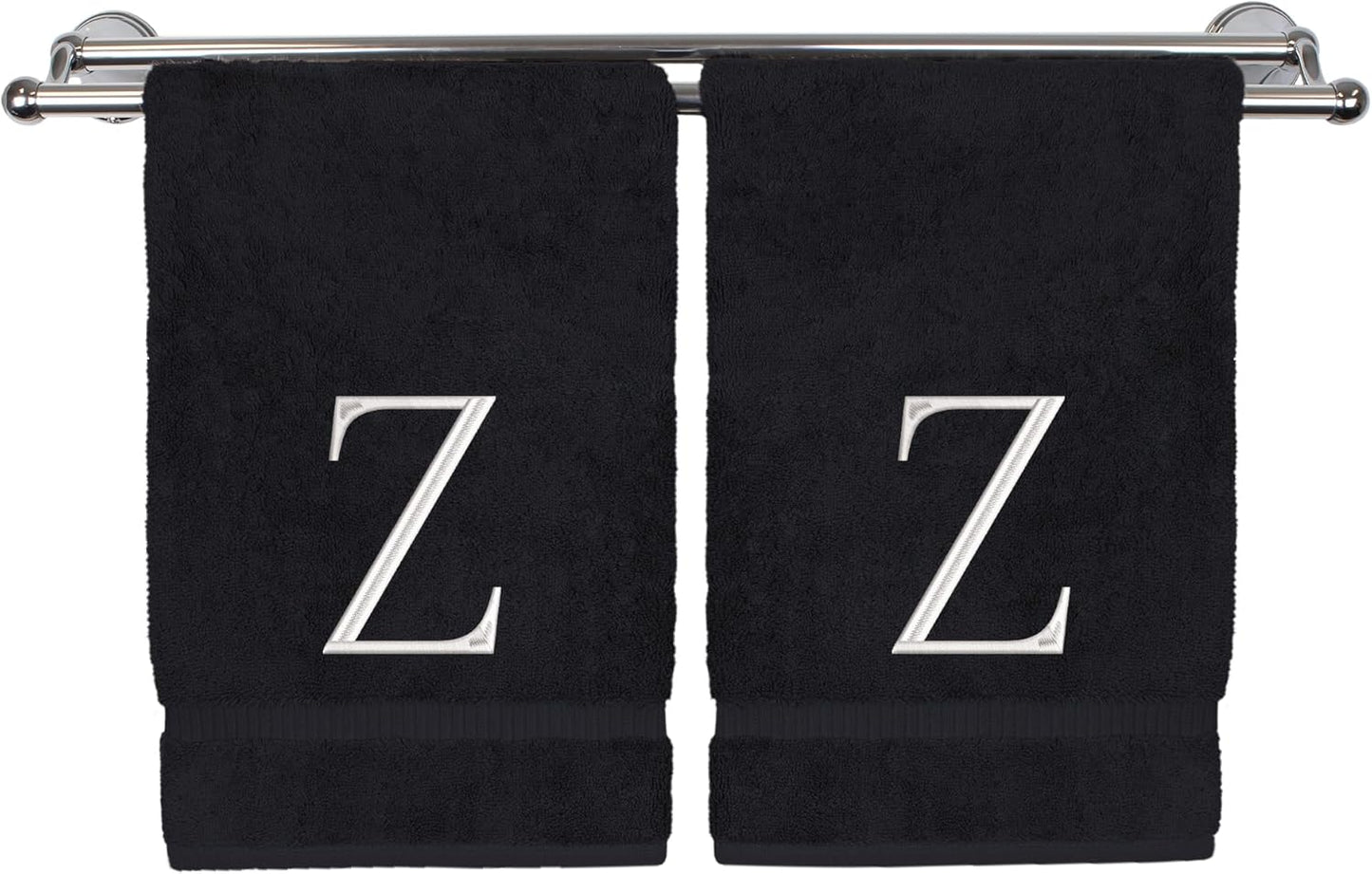 Monogrammed Hand Towel, Personalized Initial Gift, Extra Absorbent 100% Turkish Cotton - Soft Terry Finish - Set of 2 - White Block Initial Z - Embroidered on Black Towels