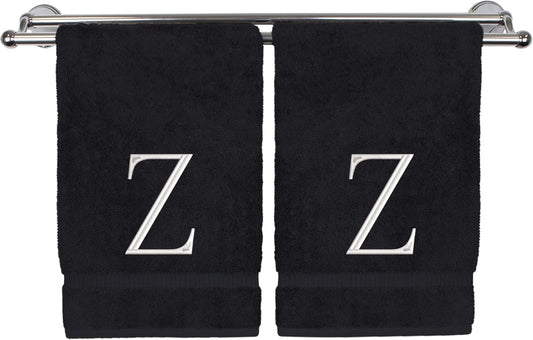 Monogrammed Hand Towel, Personalized Initial Gift, Extra Absorbent 100% Turkish Cotton - Soft Terry Finish - Set of 2 - White Block Initial Z - Embroidered on Black Towels