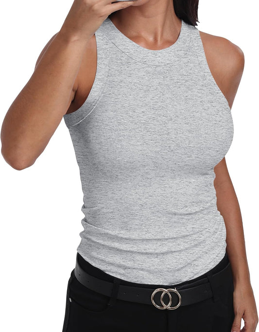 GEMBERA Womens Sleeveless Racerback High Neck Casual Basic Cotton Ribbed Fitted Tank Top