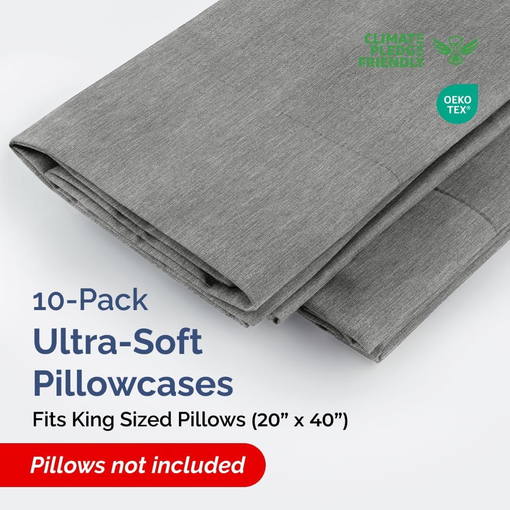King Pillow Cases Set of 10 - Ultra Soft Hotel Quality Pillowcase Covers - Comfy & Wrinkle Free - Shrink, Stain and Fade Resistant - Machine Washable Pillow Protectors - 10 Piece Set - Heathered Grey