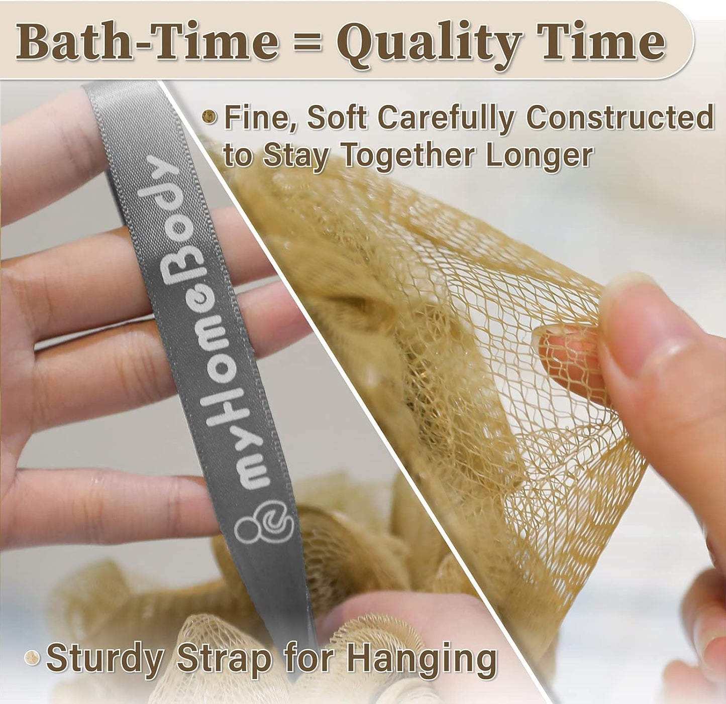 myHomeBody Large 70g Loofah Sponge, Body Scrubber, Bath Sponge, Loofah for Women, Men, Exfoliating Sponge Shower Pouf with Activated Charcoal - 2 Oat Milk + 1 Caramel, 3 Pack