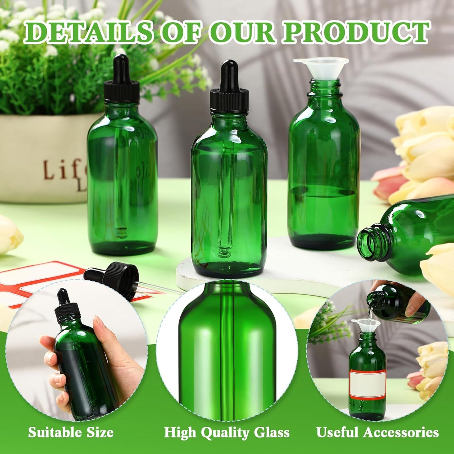 Dandat 50 Pack 4 oz Glass Dropper Bottles Leakproof 120 ml Glass Tincture Bottles with Eye Droppers, 4 Funnels, 54 Labels for Essential Oil Perfumes Hair Oil(Green)