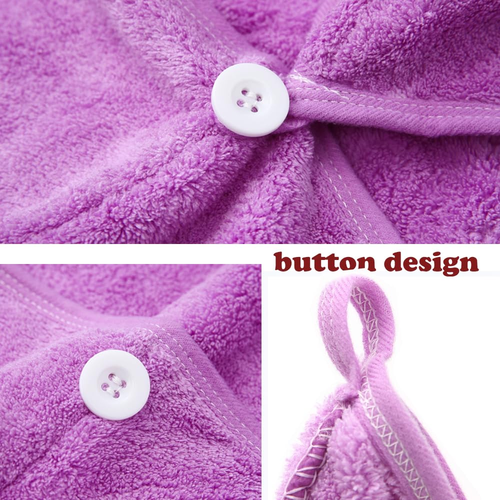 2 Pack Microfiber Hair Towel Wrap,Hair Drying Towel with Button,Absorbent Head Towel to Dry Hair Quickly (Purple)