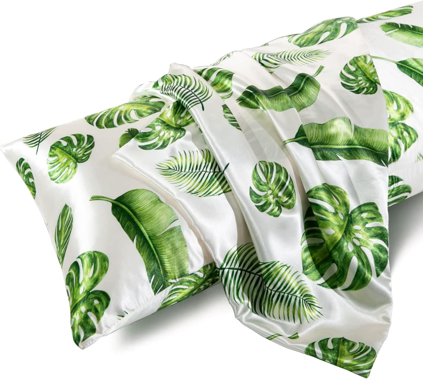 MR&HM Satin Body Pillow Cover, Soft and Breathable Body Pillow Case with Envelope Closure, Cooling and Silky Long Pillowcase for Hair and Skin,Grey (20x54, Leaves)