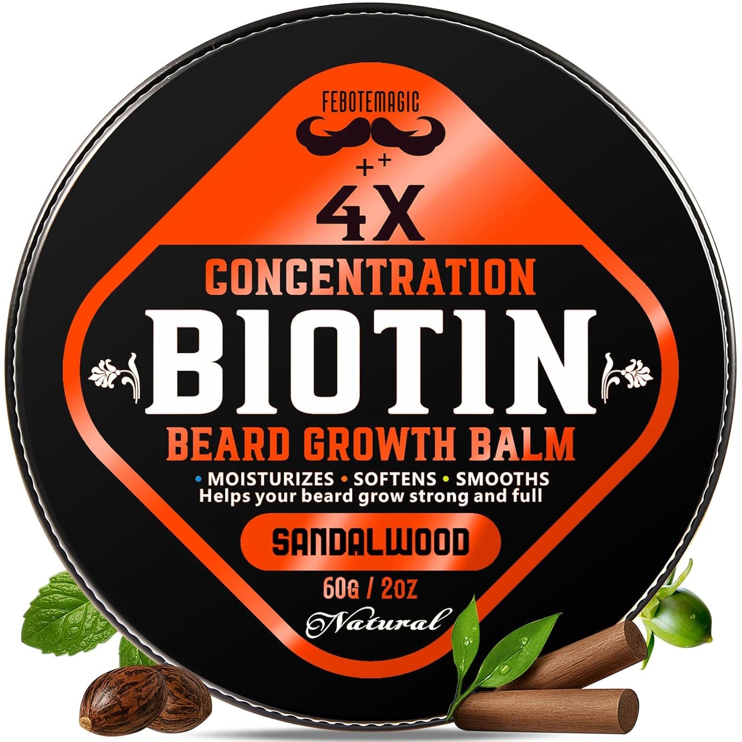 Biotin Beard Growth Balm for Men – Conditioning Balm with Castor, Shea & Jojoba Oils to Condition, Soften & Thicken Facial Hair – Non-Greasy, Sandalwood Scent – 2 oz Grooming Kit
