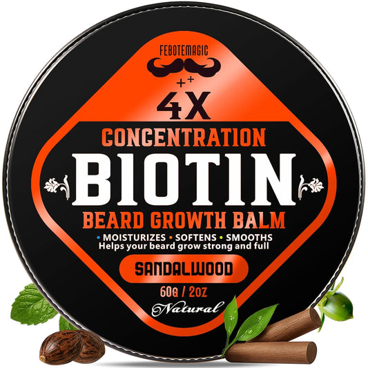 Biotin Beard Growth Balm for Men – Conditioning Balm with Castor, Shea & Jojoba Oils to Condition, Soften & Thicken Facial Hair – Non-Greasy, Sandalwood Scent – 2 oz Grooming Kit