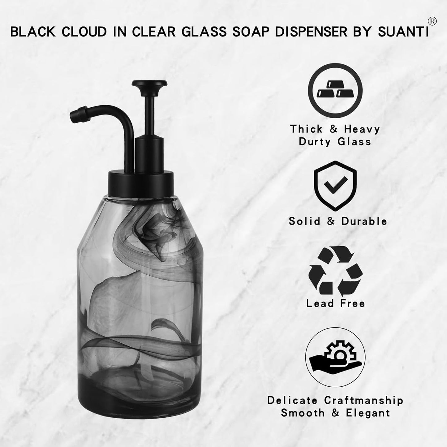 Thick Glass Black Marble Soap Dispenser with Matte Black Pump,Decorative Liquid Hand Dish Soap Dispenser for Bathroom and Kitchen,Luxury Dispenser for Coffee Syrup,Lotion,Essential Oil