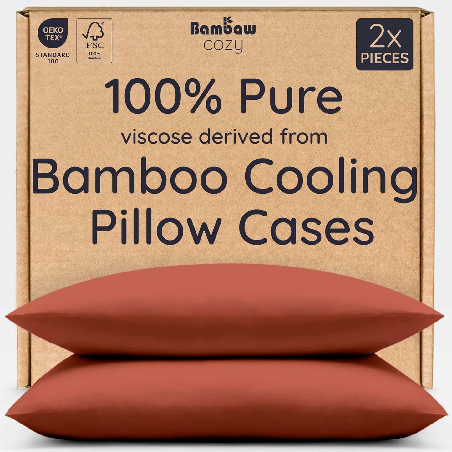 Bambaw 100% Viscose Derived from Bamboo Pillowcase Queen Size – Set of 2 Queen Cooling Pillow Cases for Hot Sleepers with Envelope Closure, Breathable & Super Soft Pillow Cases (Terracotta)