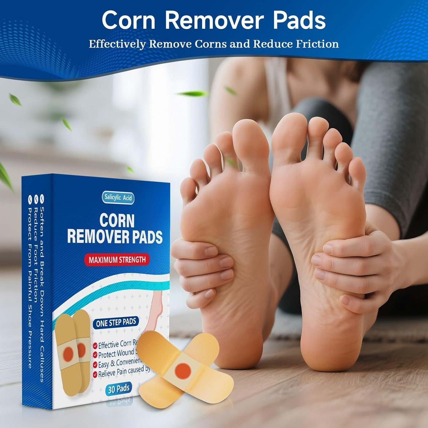 QIYANA Maximum Strength Corn Removers Pads for Feet & Toes - 40% Salicylic Acid Medicated Patches, Breathable All-Day Wear, Fast-Acting Hard Skin Treatment (30 Count)