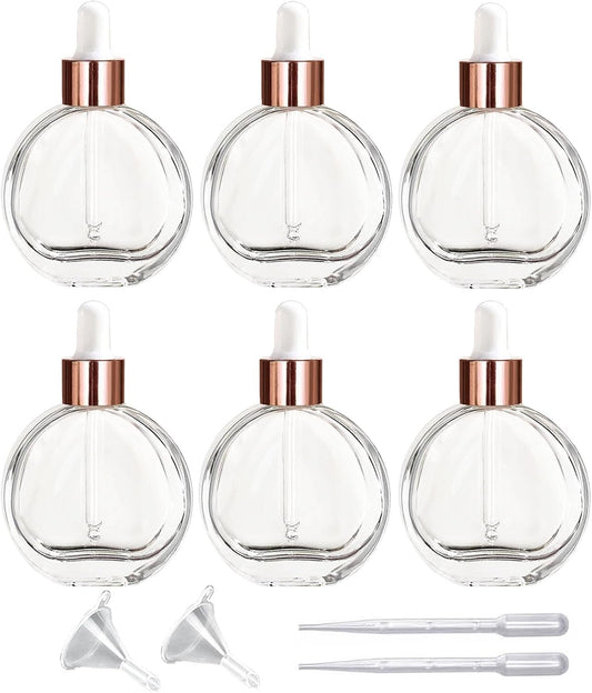6Pcs,2 oz Glass Dropper Bottles for Essential Oils,60ml Clear flat round perfume bottle with Droppers,for Oils, Perfumes, Serums,Leakproof for Travel (Clear/Rose Gold)