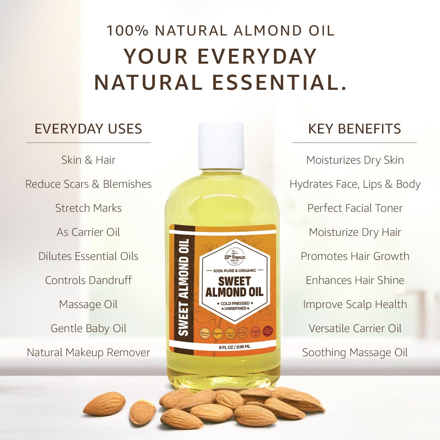 ORGANIC SWEET ALMOND OIL (8 oz) Premium Cold Pressed Unrefined | 100% Pure Sweet Almond Oil for Skin, Face, Hair, Soap Making | Carrier for Essential Oils | Available in Bulk | 8 FL OZ