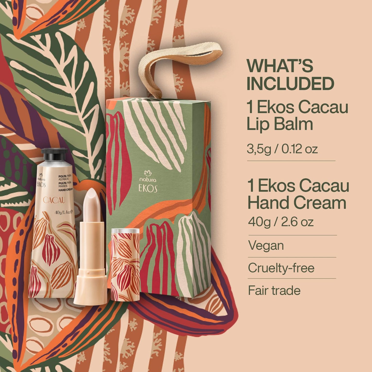 natura Ekos Cacau Hand Cream and Lip Balm Kit - Collagen Boosting Hand Cream & Moisturizing Lip Balm - Vegan - Brazilian Beauty Secrets - Self Care