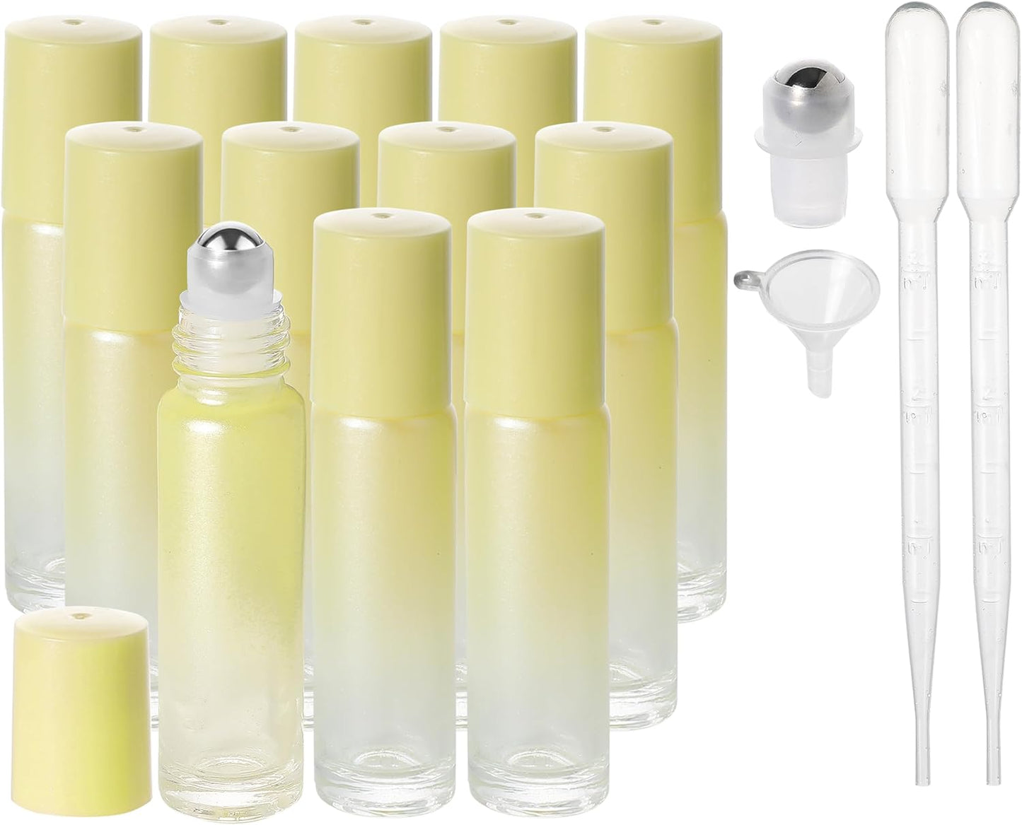 Essential Oil Roller Bottles, 10ml Thick Glass Perfume Roller Bottles with Funnel Opener and Dropper Colored Glass Empty Bottles with Stainless Steel Roller Balls (Yellow, 12 Pack)