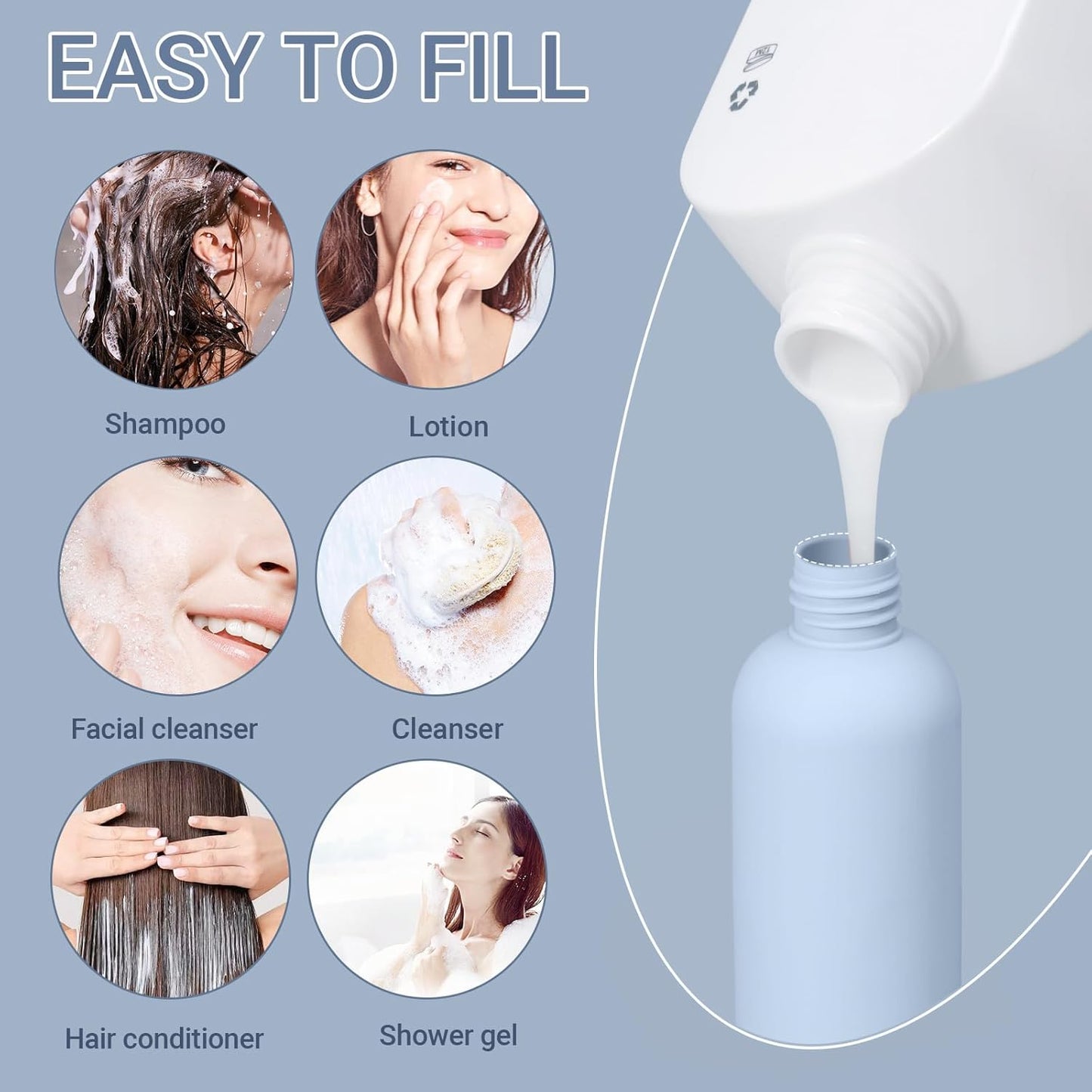 8.8oz Travel Essentials Shampoo Bottles for Toiletries,Empty Plastic Squeeze Bottles with Flip Cap for Toiletries Travel Size Shampoo and Conditioner (3 pack, bule)