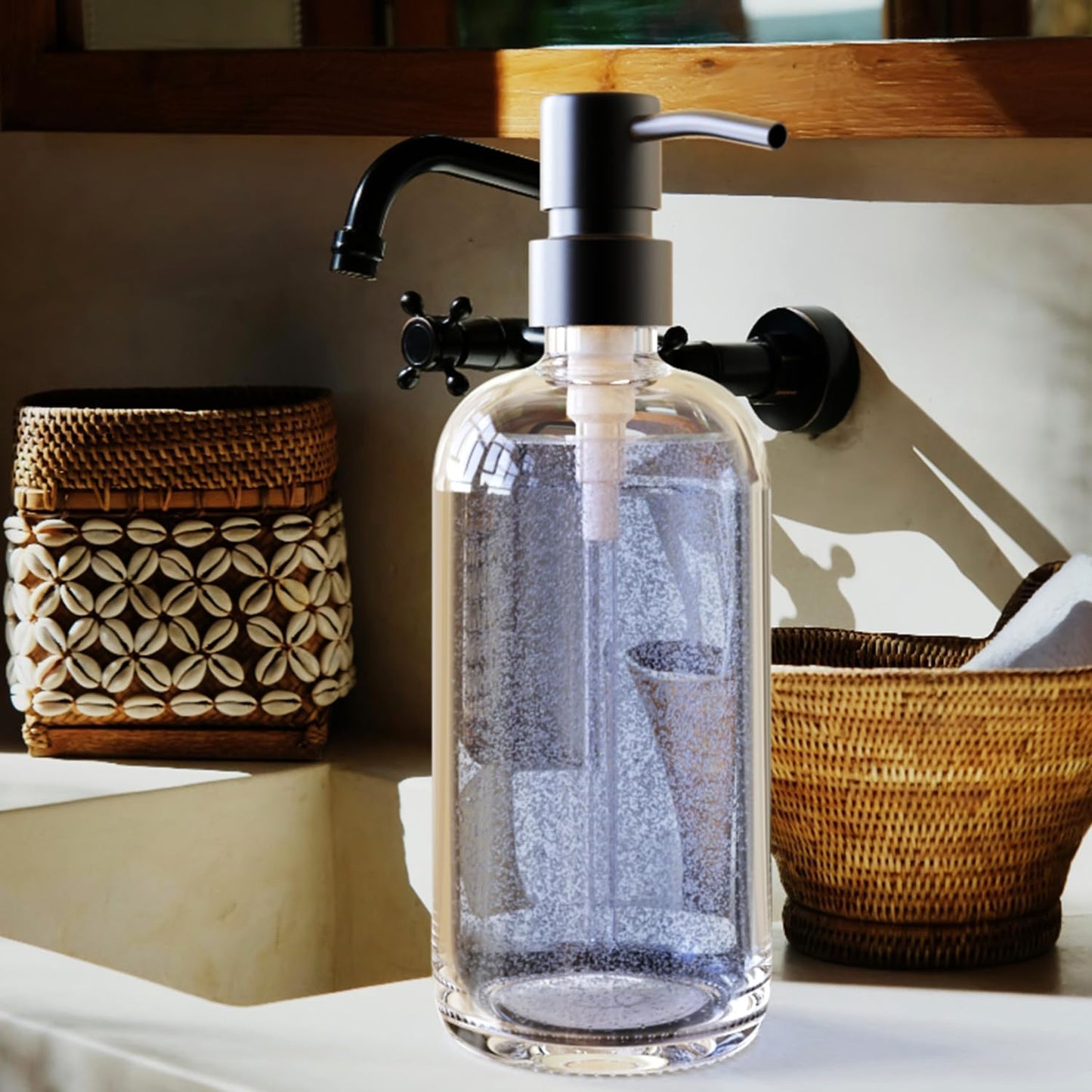 16oz Empty Stainless Steel Pump Bottles Dispenser 2 Pack Clear Refillable Pump Bottle for Shampoo, Liquid Soap, Massage Oil