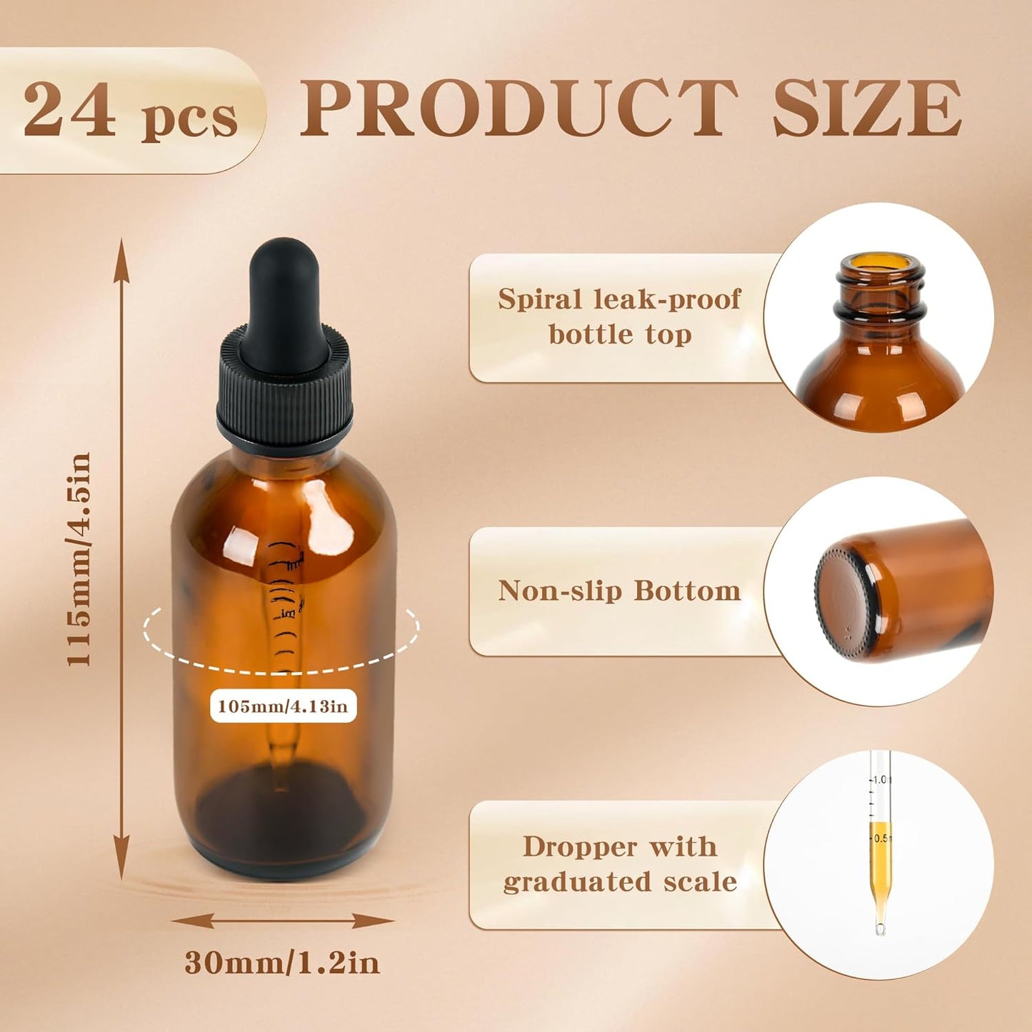 BILLIONSTARS 24 Pack 2oz Glass Boston Round Bottle with Graduated Calibrated Glass Pipettes - Amber - Tincture Bottles for Essential Oils, Liquids - Leakproof Travel Bottles