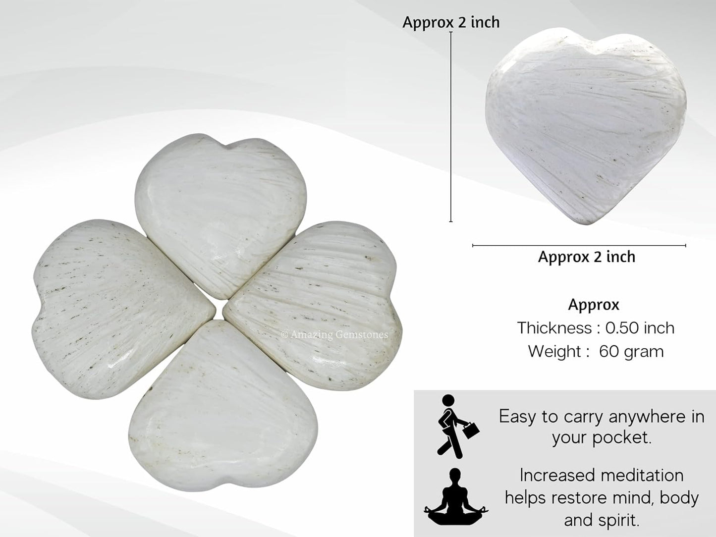 Amazing Gemstone Scolecite Crystal Heart Palm Stone - Pocket Massage Worry Stone for Natural Body Chakra Balancing, Reiki Healing and Crystal Grid