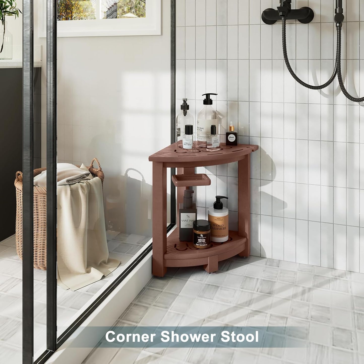 nalone Corner Shower Stool, HDPE Shower Bench for Inside Shower, Small Shower Chair Seat for Shaving Legs with Storage Shelf, Soap Box and No-Slip Feet (Brown)