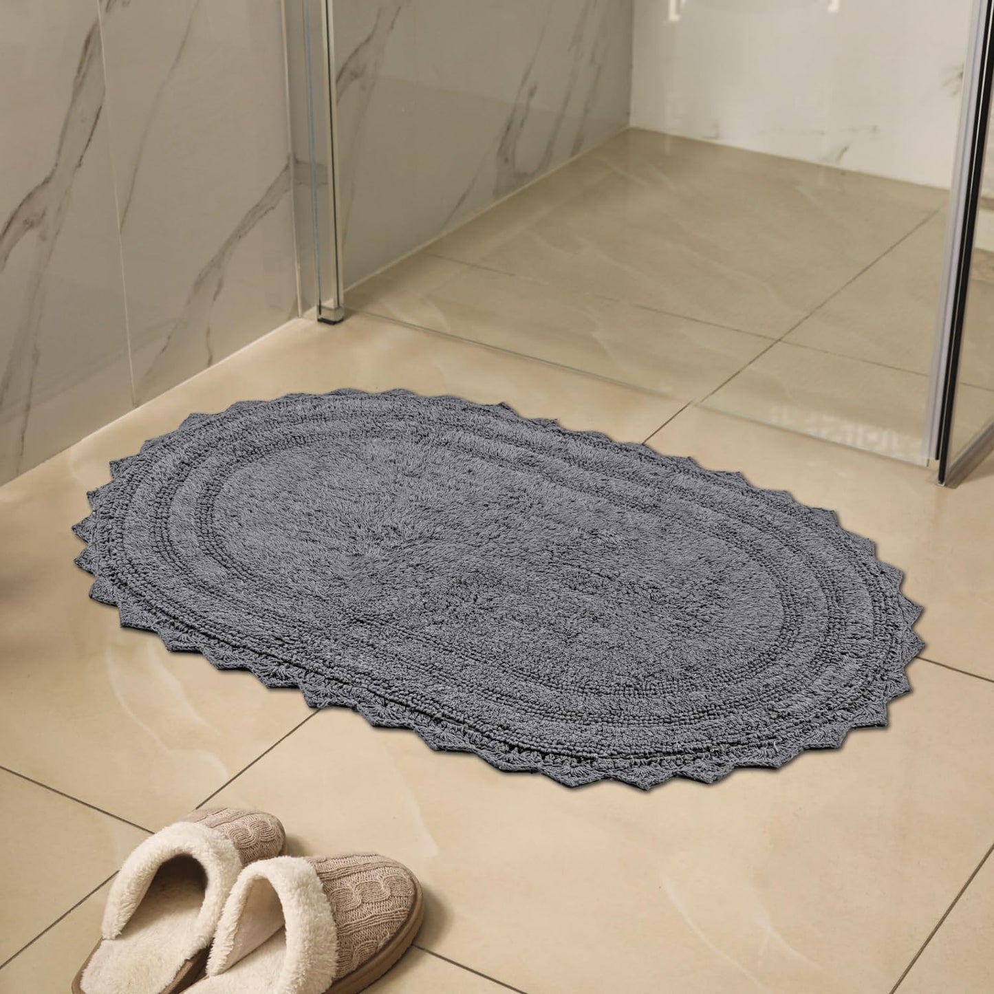 RAJRANG Titanium Grey Oval Cotton Bath Rug 34x21 Inches | Reversible Soft Absorbent Bathroom Mat with Crochet Border | Boho Handwoven Rug for Spa, Kitchen, or Vanity