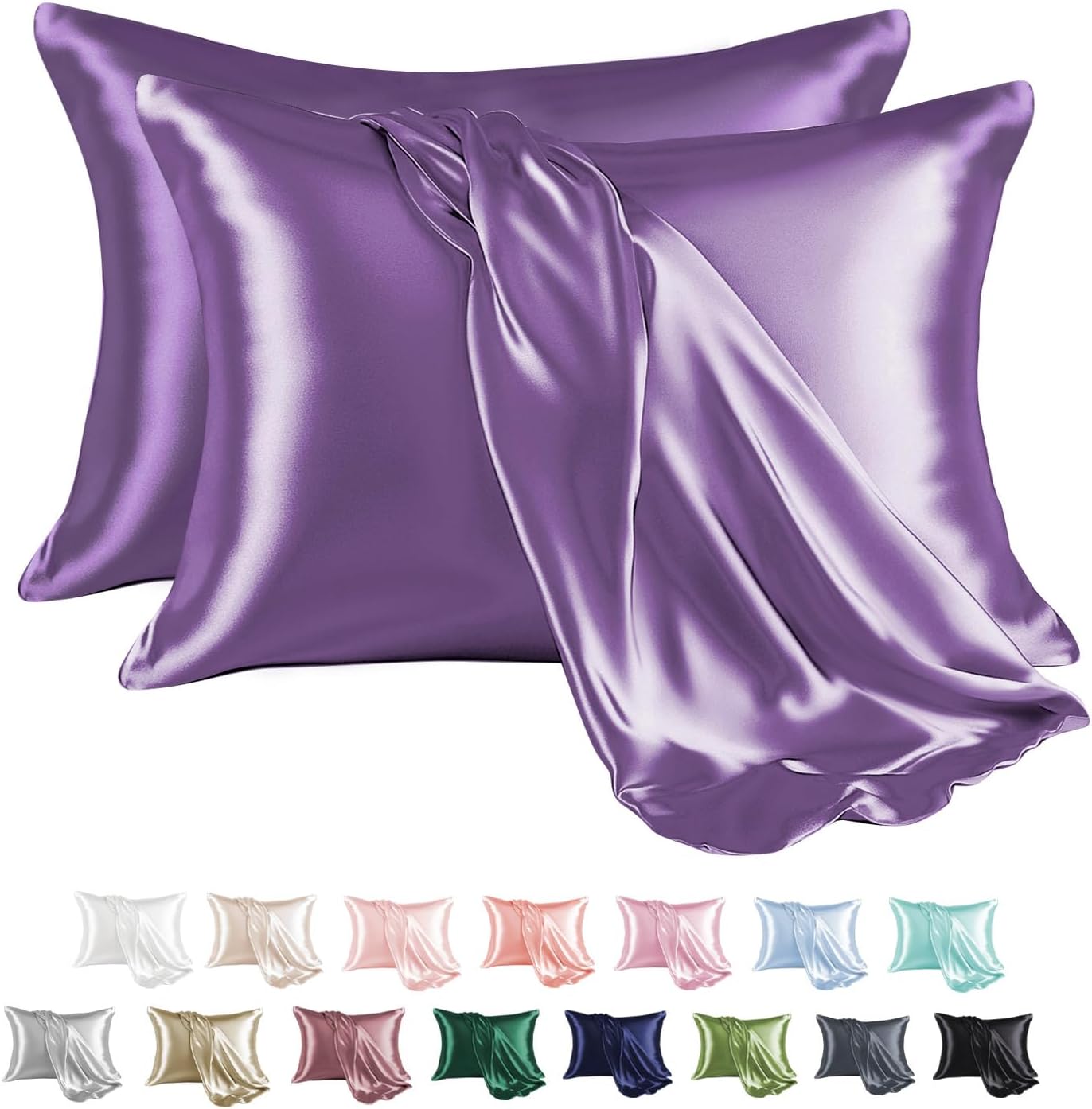 MR&HM Satin Pillowcase for Hair and Skin, Silk Satin Pillowcase 2 Pack, King Size Pillow Cases Set of 2, Silky Pillow Cover with Envelope Closure (20x40, Lavender)