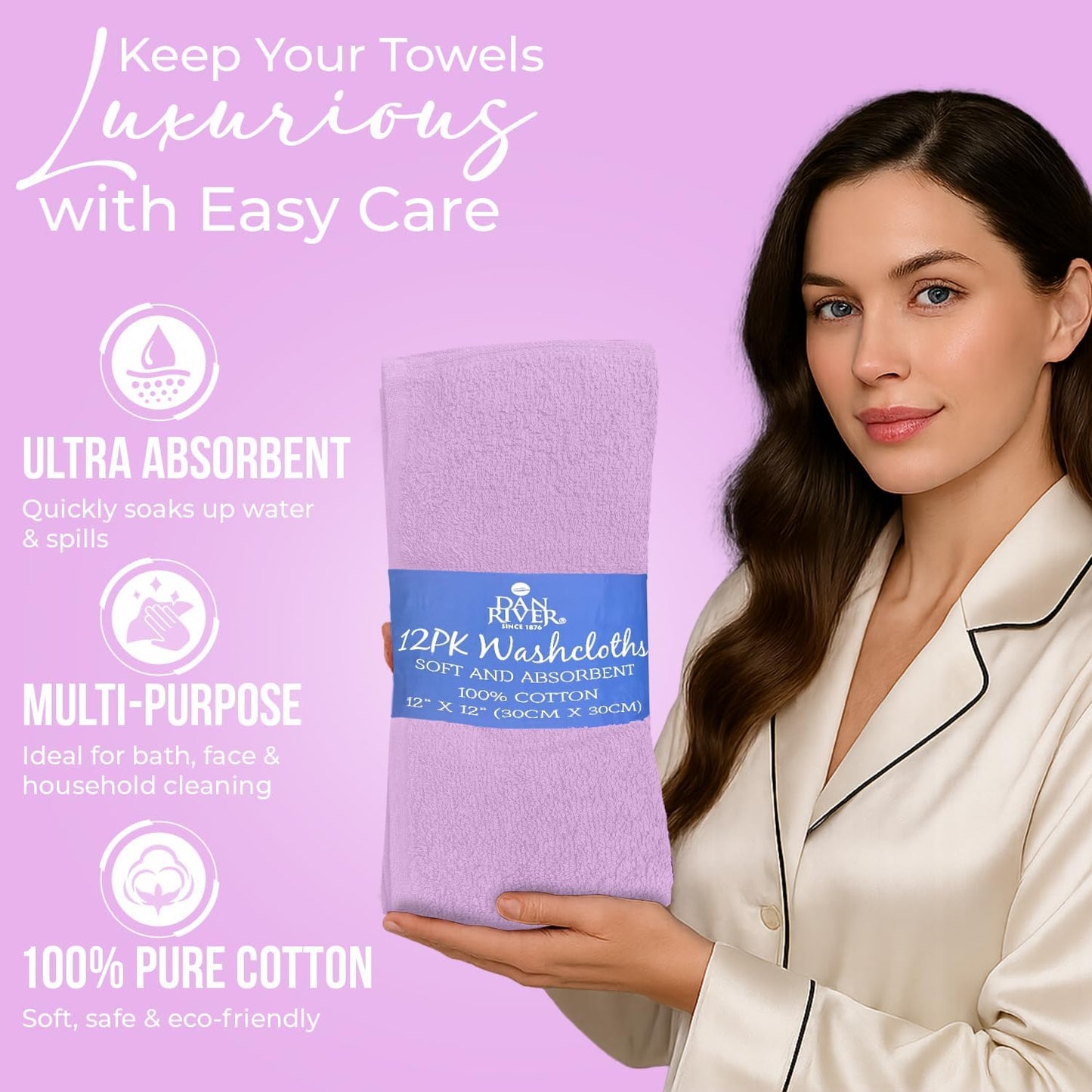 DAN RIVER 100% Cotton Wash Cloths 12 Pack [12x12] Soft & Absorbent face wash Cloth, Gym, Hotels & Spa Perfect for Everyday Use Fingertip Towels, Lavender