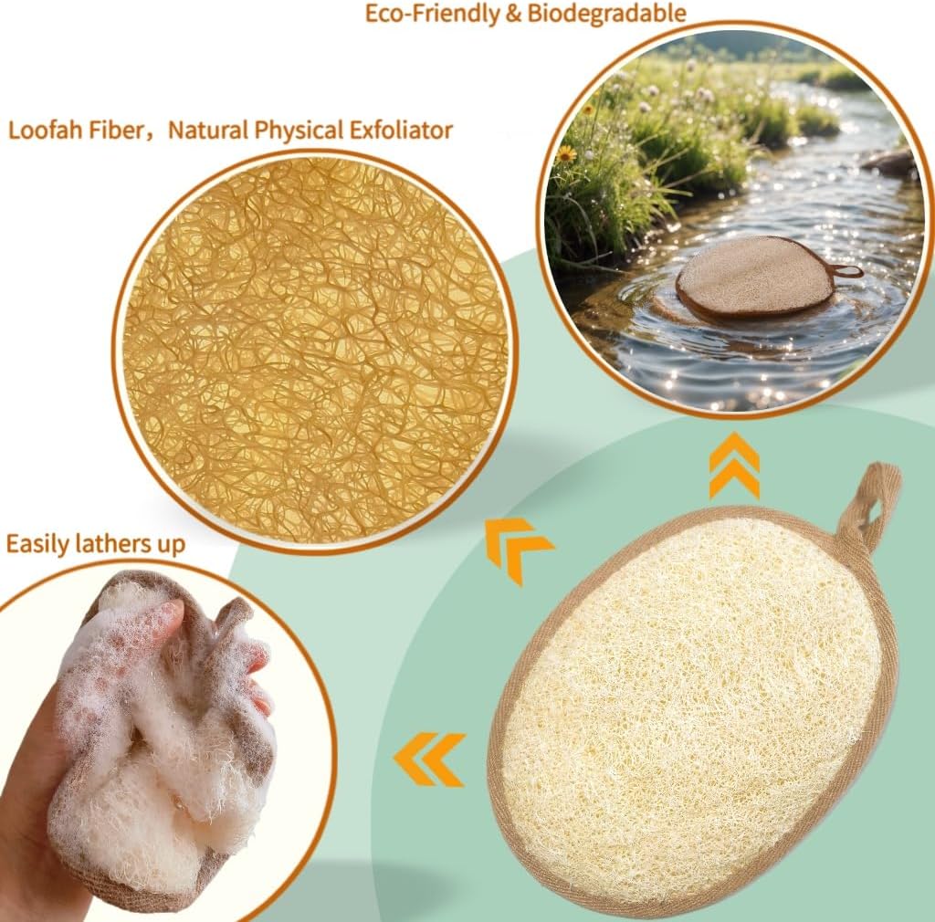 Natural Loofah Bath Sponge Set of 2 ，Exfoliating Body Scrubber，Large Size 7.1"x5.1" Oval Dual-Color (White & Brown) ，Men's and Women's Styles, Spa-Grade Couple Gift，Eco-Friendly Shower Gift