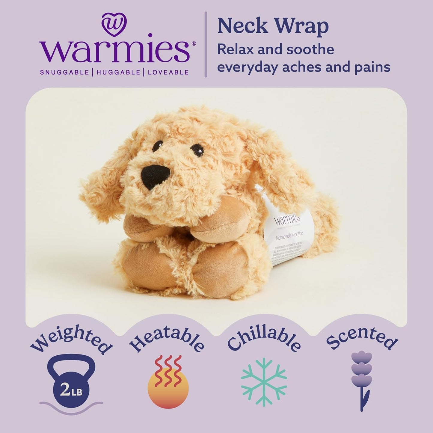 warmies Microwavable Neck & Shoulder Wrap - Heating & Cooling Plush Pad for Calming Relaxation - Weighted & Heated Neck Warmer with Scented Lavender - Microwave Heat Pad for Aches & Pain - Golden Dog