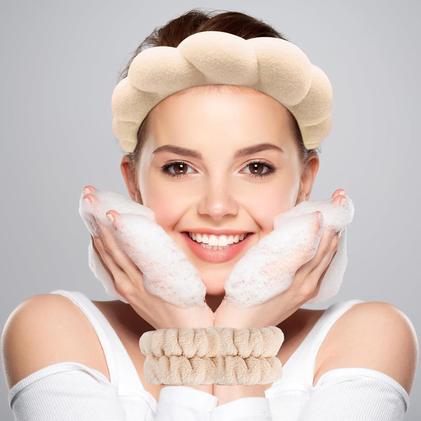 Zkptops Spa Headband for Women Sponge Makeup Skincare Headband Washing Face Wristband Set Terry Cloth Bubble Soft Get Ready Hairband Puffy Padded Headwear Non Slip Thick Hair Accessory(Beige)