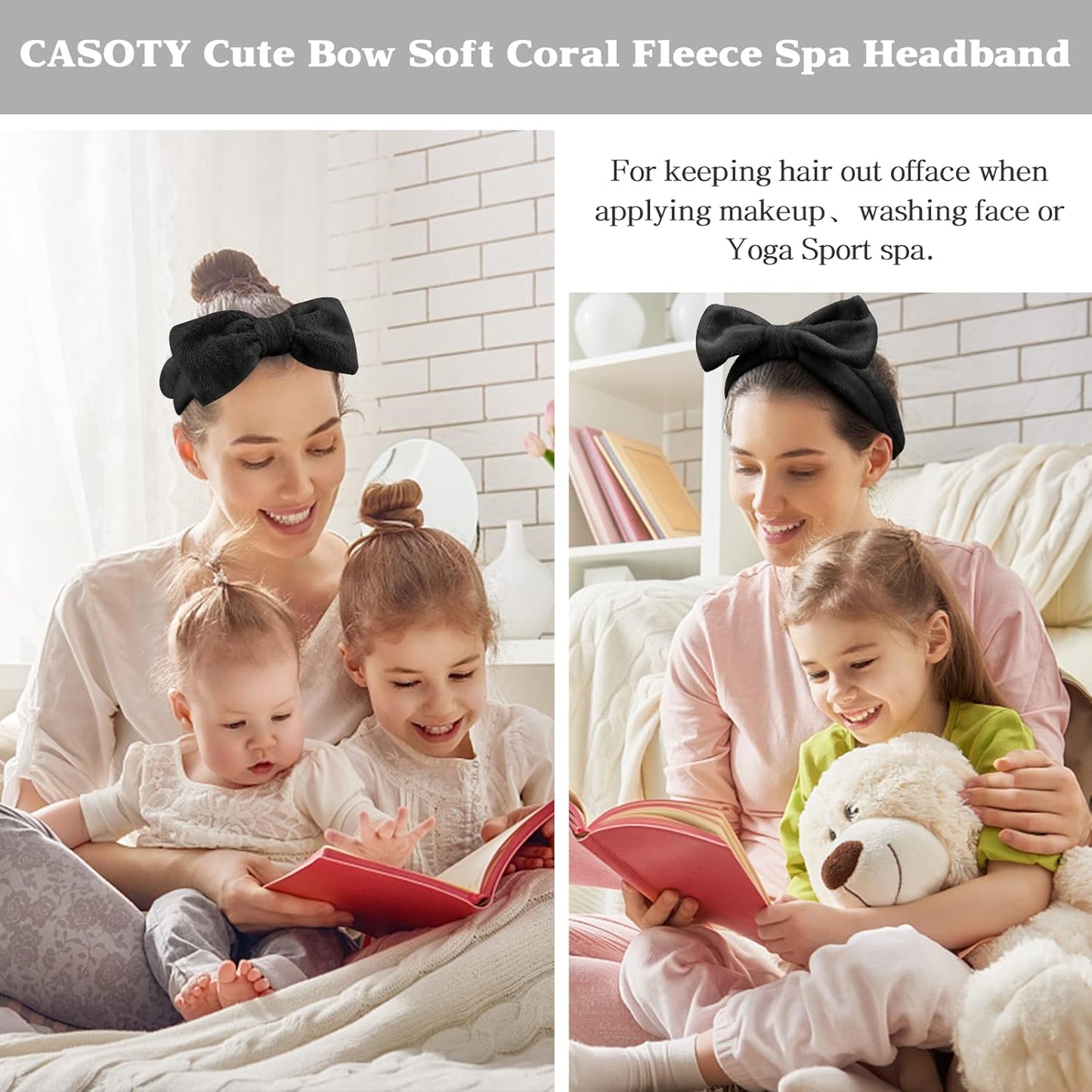 Casoty 6 Pcs Black Spa Headband, Bow Hair Band, Hair Band for Washing Face, Fuzzy Headbands for Women Girls, Soft Coral Fleece Skincare Headbands for Face Washing Shower Yoga