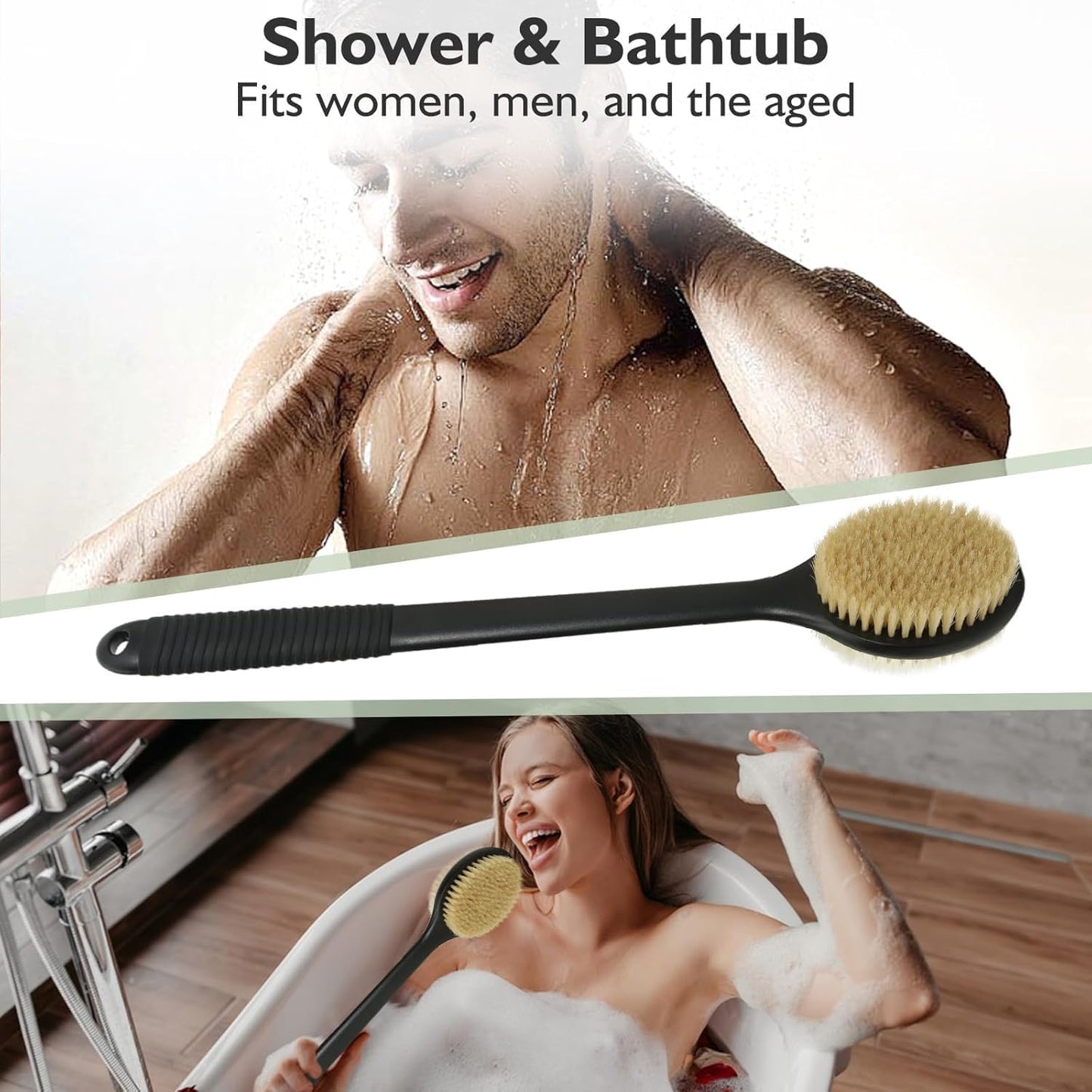 VANZAVANZU 17 Inch Anti-Slip Long Handle Back Scrubber for Shower – Dual-Sided Shower Brush and Shower Back Scrubber with Soft & Stiff Bristles for Wet or Dry Use (Black)