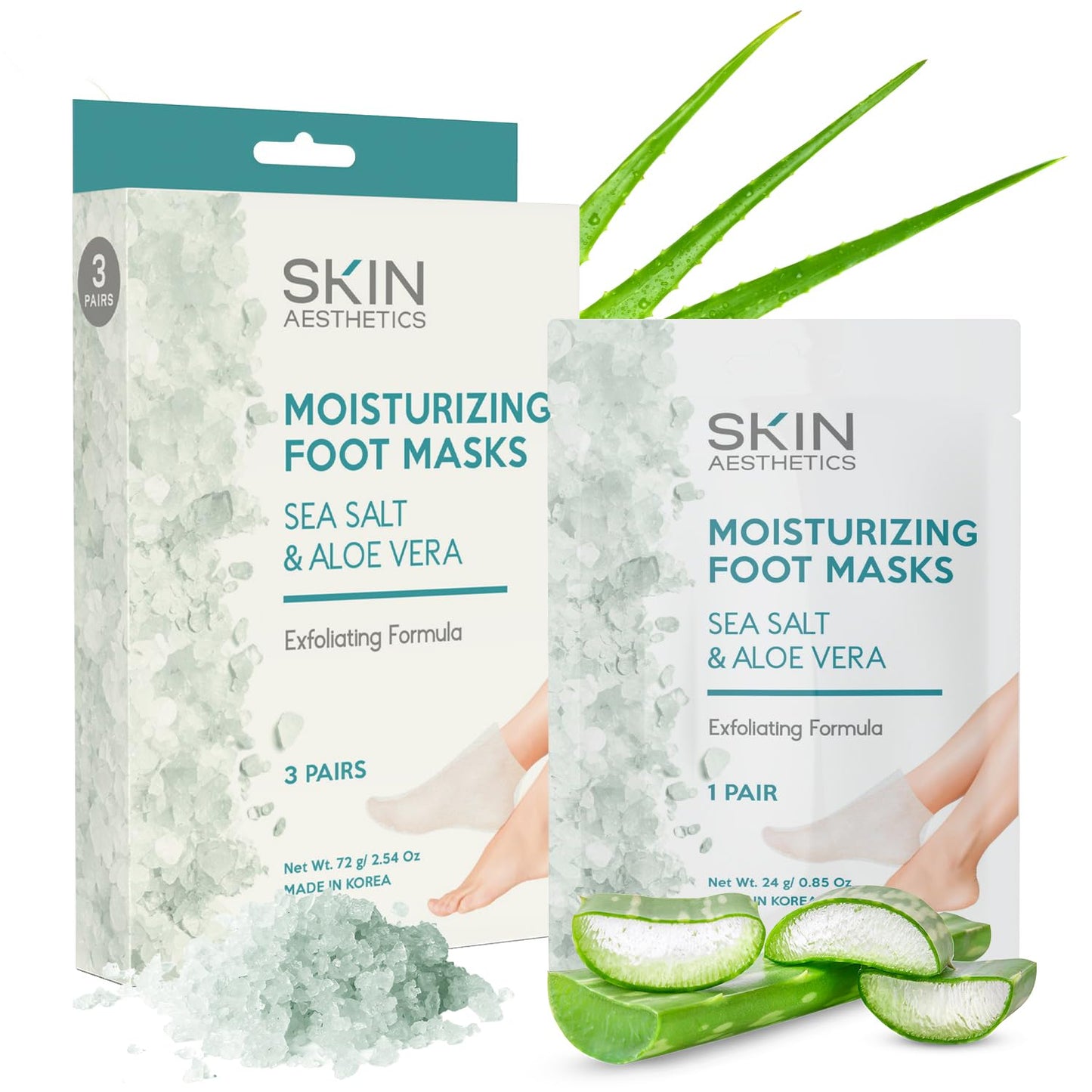 Sea Salt & Aloe Foot Masks - Moisturizes & Exfoliates Dry, Cracked Feet, Hydrating Foot Mask - Dermatologist Tested Korean Skincare - Clean Beauty, Cruelty-Free - 3 Pairs