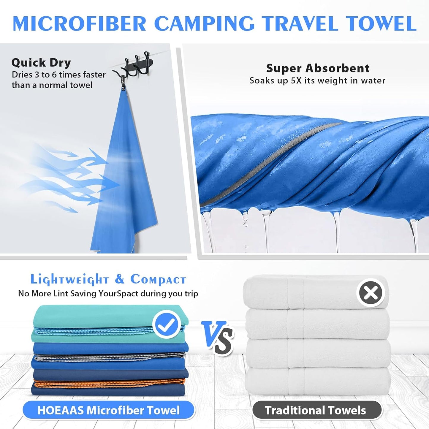 HOEAAS 2 Pack Microfiber Camping Towels, Quick Dry Towel, Super Absorbent Ultra Compact Travel Towel Soft Lightweight Sports Towel for Sweat Fast Drying Towels for Pool,Gym,Hiking,Backpacking,Fitness