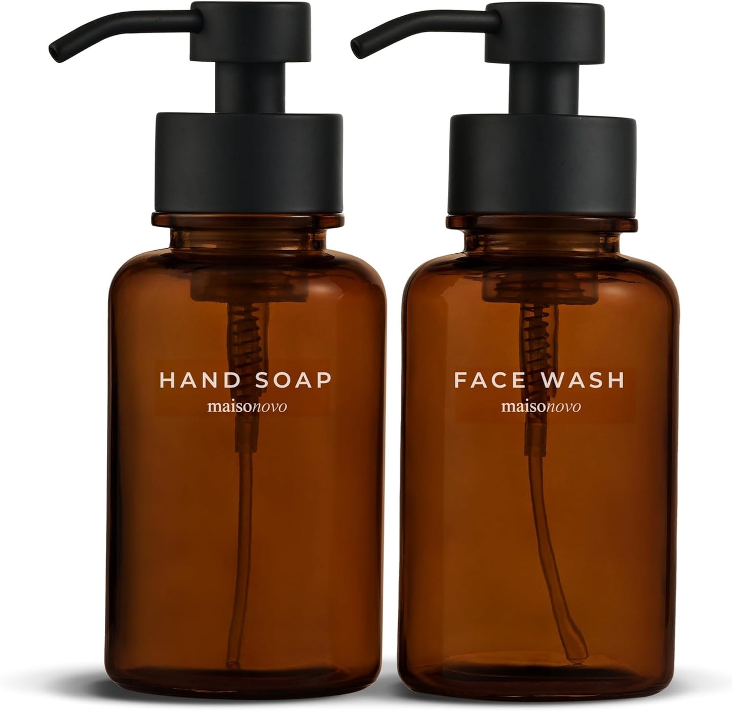 MaisoNovo Glass Foaming Soap Dispenser 14 Oz | Amber Glass Black Pumps x 2