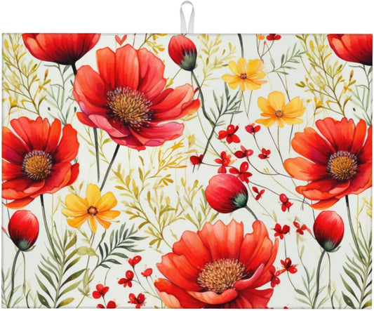 Watercolor Poppy Flower Dish Drying Mat For Kitchen Counter Absorbent Large Kitchen Fast Dry Pad Reusable Washable Protector Rack Large Mat 18 X 24
