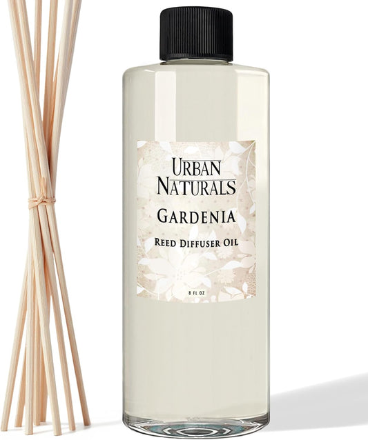Urban Naturals Reed Diffuser Oil Refill Gardenia with Jasmine, Ylang Ylang, Tuberose, Amber 8 oz + Free Reed Sticks, Made in The USA