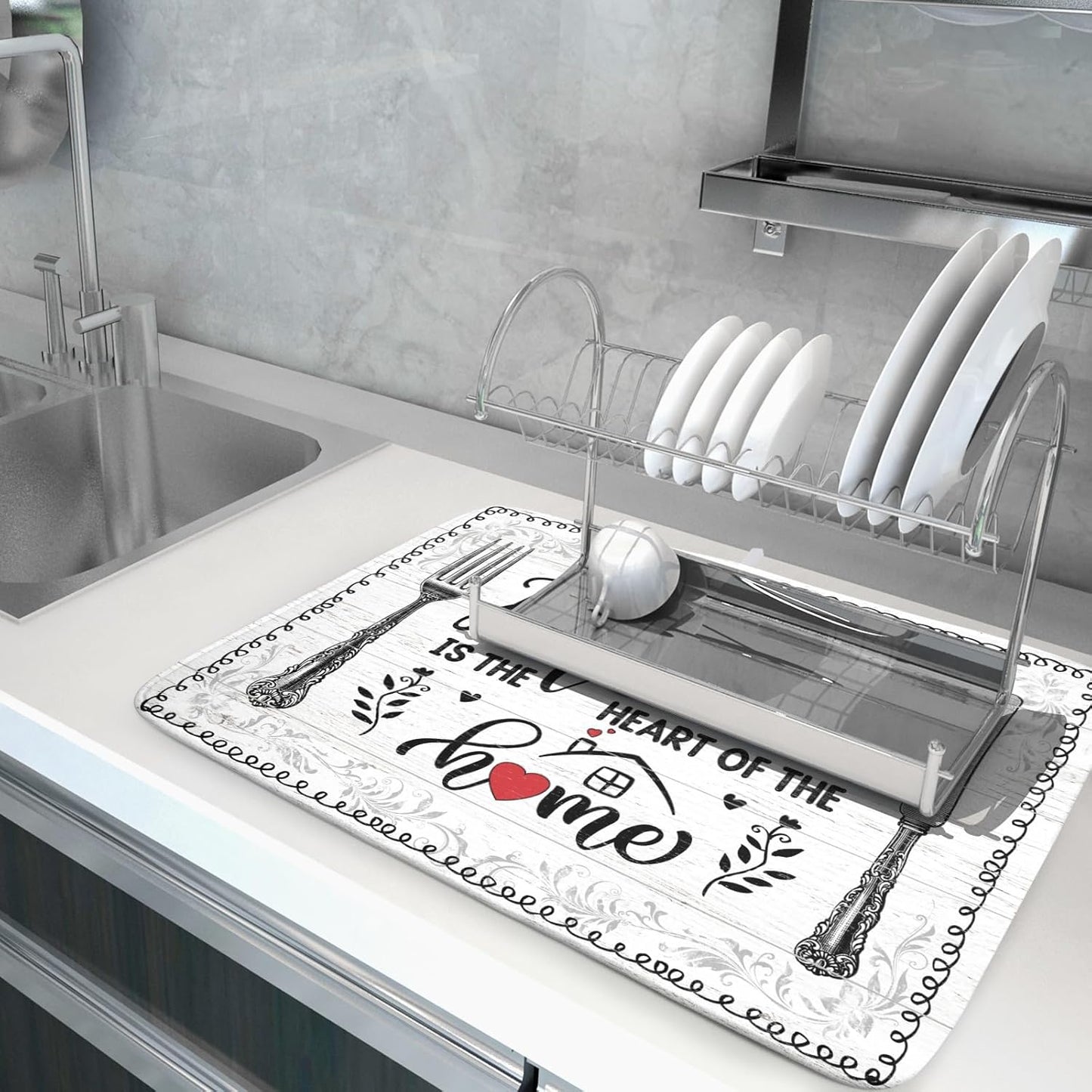 White Kitchen Dish Drying Mat 18x24 Inch Knife Fork Dish Drainer Rack Mats Microfiber Absorbent Protector for Kitchen Countertop Decor