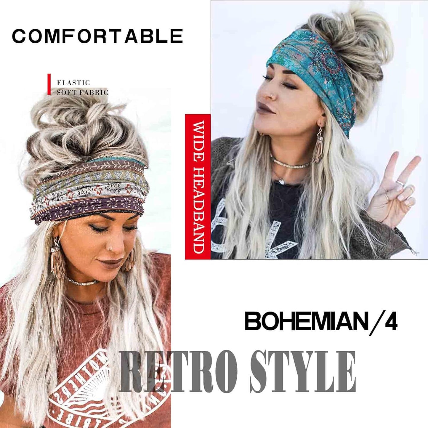 Olbye Wide Headbands, Boho Headbands for Women, Workout Yoga Hair Scarfs Running Sweatband, Hair Accessories for Women Girls (E- Stylish, Pack of 4)