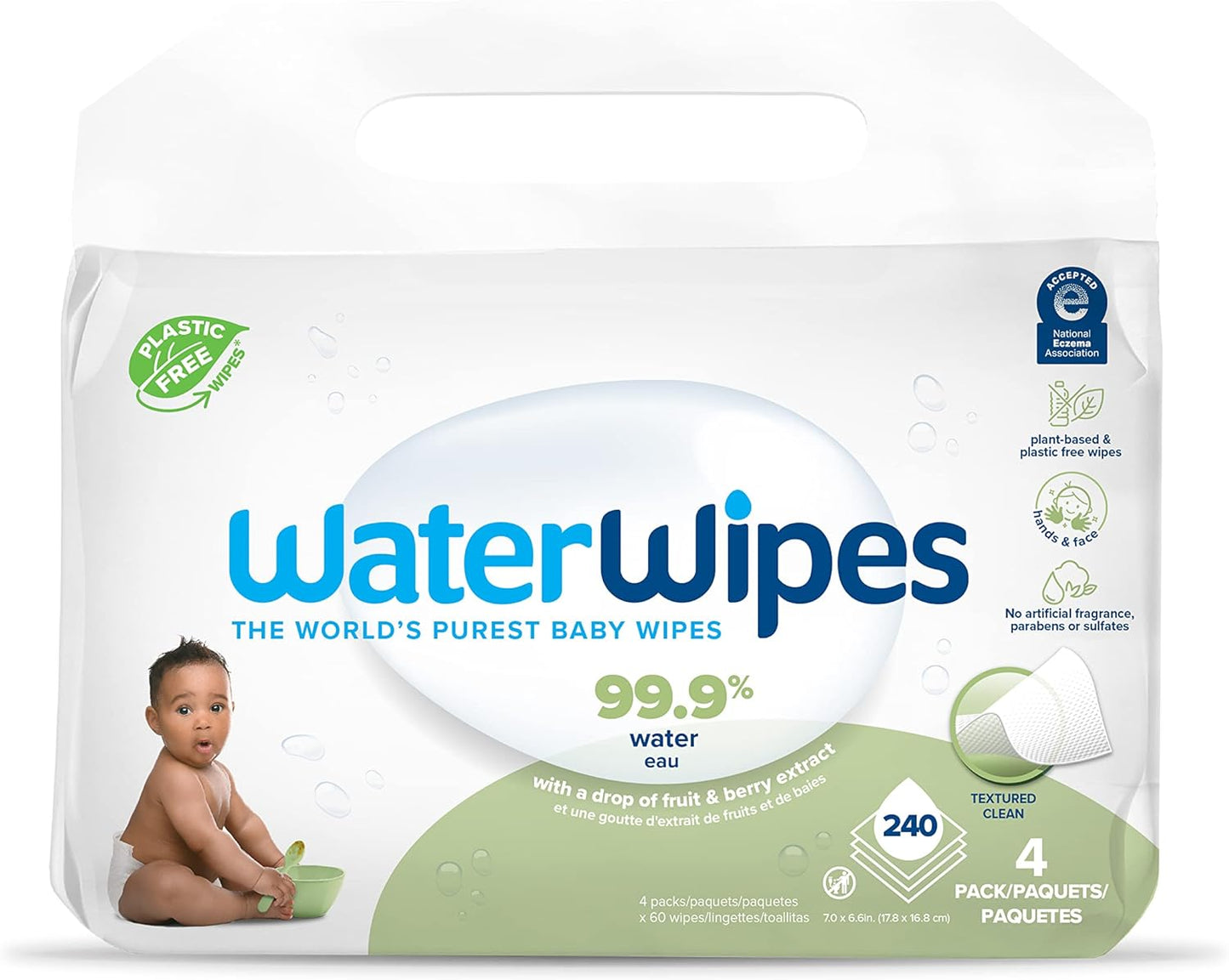 WaterWipes Sensitive+ Baby & Toddler Wipes, 3-In-1 Cleans, Cares, Protects, 99.9% Water, Textured Clean, Unscented & Hypoallergenic, 240 Count (4 Packs)