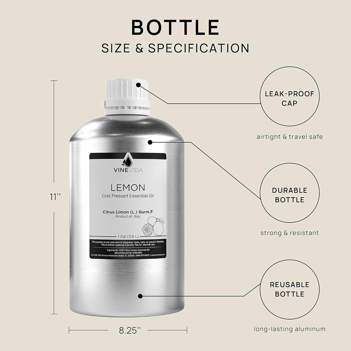 VINEVIDA Lemon Essential Oil - Gallon Lemon Oil Undiluted - Bulk Gallon Essential Oil for Soap Making Safe for Skin - DIY Candle Scents for Candlemaking Scents - 8 lbs Lemon Oil