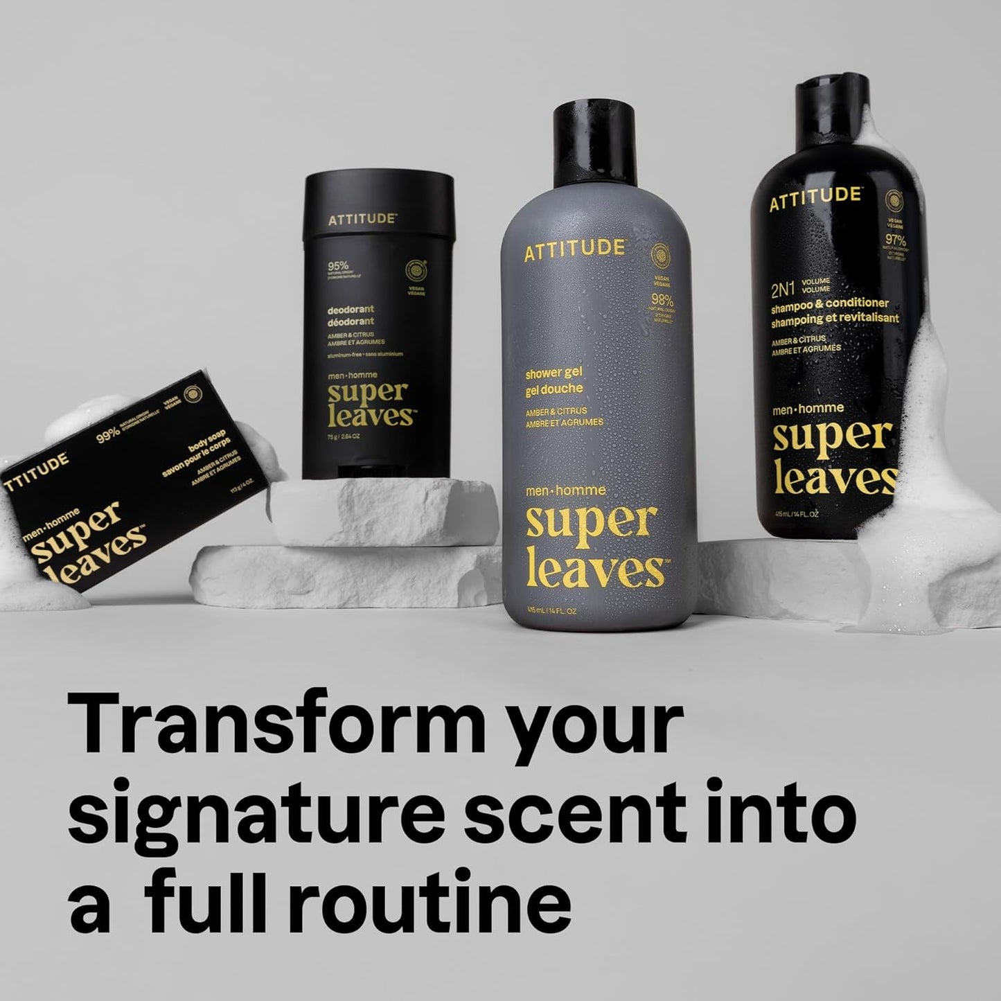 ATTITUDE Shower Gel Body Wash for Men, 98% Natural Origin Ingredients, Paraben & Phthalate Free, EWG Verified, Cleanses Without Drying, Amber & Citrus, 14 Fl Oz (Pack of 3)